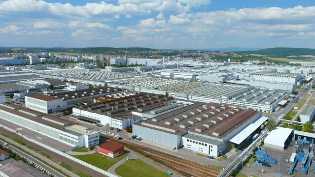 Skoda Auto plant industrial zone aerial view, Mlada Boleslav, Czech Republic