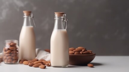 Vegan lactose free almond milk in glass bottle with almonds. 