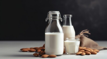 Vegan lactose free almond milk in glass bottle with almonds. 