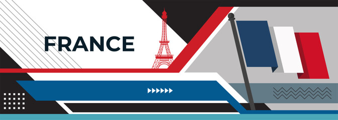 France Bastille day banner design. French flag theme graphic art web background. Abstract celebration geometric decoration, red white blue color. France national day flag vector illustration.
