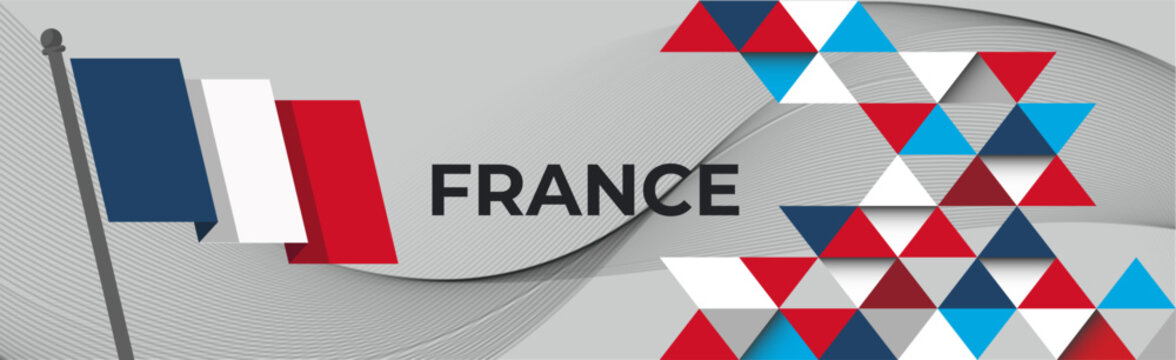 France Bastille day banner design. French flag theme graphic art web background. Abstract celebration geometric decoration, red white blue color. France national day flag vector illustration.