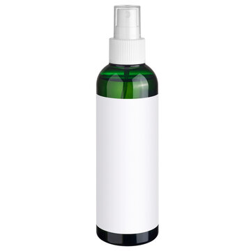 Apothecary green glass bottle for cosmetic product or medicine filled with liquid. Container with white dispenser sprayer for sanitary application, with empty label. Isolated on transparent background