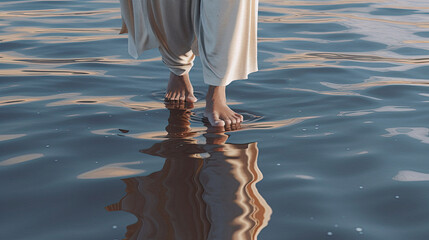 Jesus Christ walking on water of the Sea of Galilee, biblical illustration, generative ai