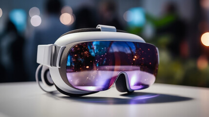 Virtual reality glasses on the table, with reflections on the lens, future tech, gadget