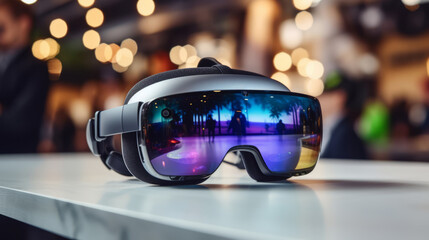 Eyeglass-shaped virtual lenses on the table, with reflections on the lens, future tech, gadget