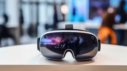 Virtual reality glasses on the table, with reflections on the lens, future tech, gadget