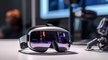 Virtual reality glasses on the table, with reflections on the lens, future tech, gadget