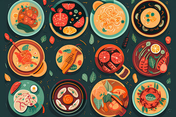 Illustration of a food icons representing various cuisines from around the world. Generative Ai.