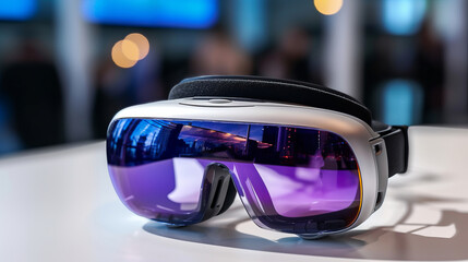 Virtual reality glasses on the table, with reflections on the lens, future tech, gadget