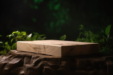Wooden podium product display nature background. Template with product placement.  Ai generated