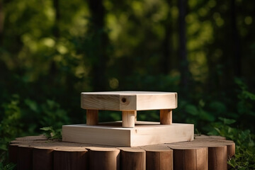 Wooden podium product display nature background. Template with product placement.  Ai generated
