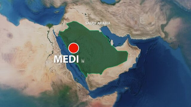 Designation of the borders of Saudi Arabia on the map and the mark of the location of the city of Medina