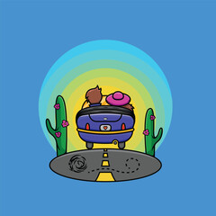 Illustration of romantic trip of a young couple in a cabriolet. Vector cartoon.
