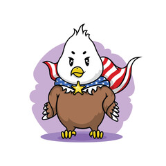 Cute eagle character with USA flag. Patriotic mascot cartoon. Vector illustration.