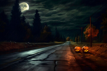 Halloween landscape with copy space. Night road, two jack-o lantens on the roadside. Generative ai
