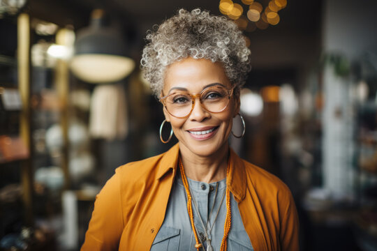 Portrait of a hipster smiling senior black woman, furniture store owner