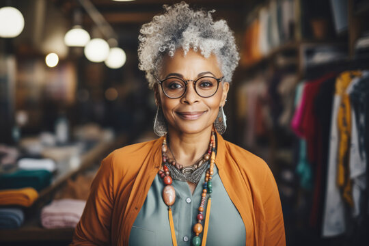 Portrait of a hipster smiling senior black woman, clothing store owner
