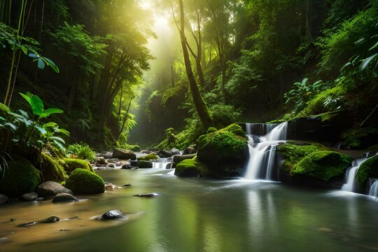 An image of a lush tropical rainforest with exotic birds and animals.