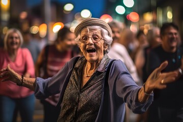 Fototapeta na wymiar Old happy woman is dancing on evening party. Generative Ai