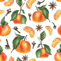 Tangerines with whole leaves and slices with spices, star anise and cloves. Watercolor illustration, hand drawn. Winter, Christmas seamless pattern on a white background.