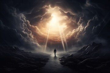 man overcoming depression as he moves from the dark into the light representing hope and transformation 