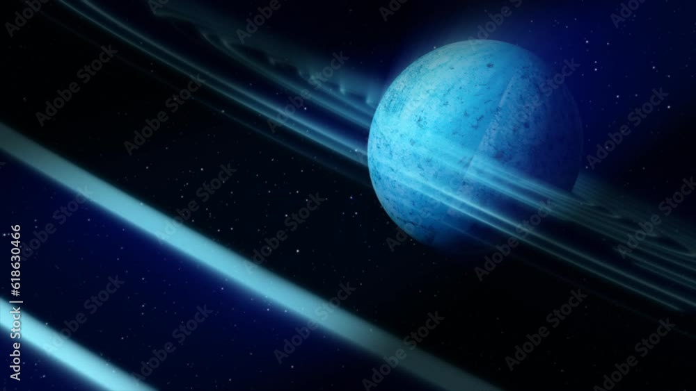 Poster abstract blue space planet with a round asteroid belt ring futuristic hi-tech on the background of s