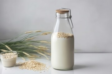 Obraz na płótnie Canvas Vegan lactose free oat milk in glass bottle with oat flakes cereal and grass. 