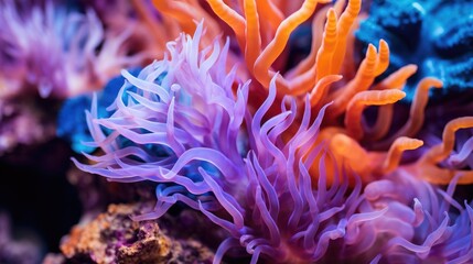 Naklejka na ściany i meble Coral Reef. Sea flower. Living coral and reef. Colorful coral reef. The deep water of the sea ocean environment. 4K Coral reef wallpaper. Tropical coral reef.
