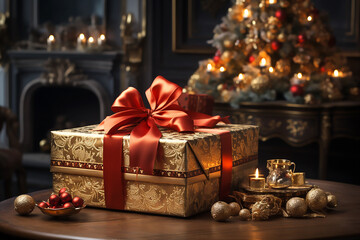 Christmas tree and craft golden gift box with red bow in antique interior. Generative AI