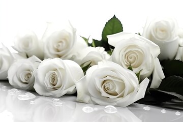 beautiful bouquet of white roses on a wooden table
