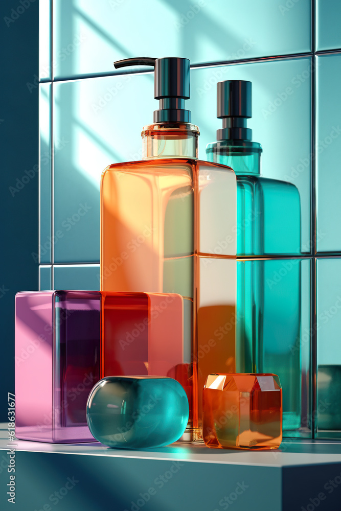 Poster a couple of soap bottles sitting on top of a counter. generative ai.