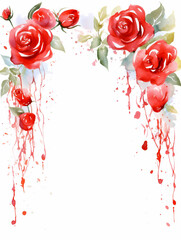 Watercolor frame with red roses flowers on white background with copy space inside. Ai generated