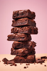 Stack of chocolate brownie slices isolated on flat pastel pink background with liquid chocolate topping. Lots of Delicious Brownie Cakes on top of each other. Generative AI photo.