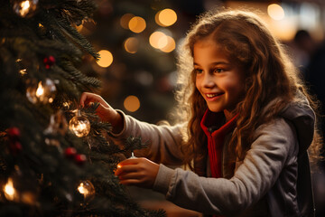 Obraz na płótnie Canvas A little girl is decorating a christmas tree. Generative AI.