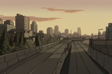 bustling city skyline with a train passing on the tracks in the foreground