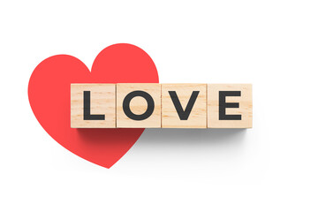 Love wooden cubes on white background with red heart