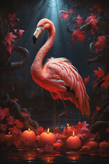 Halloween concept with pink flamingo bird, pumpkin candles and red leaf plant, dark background. Generative ai.