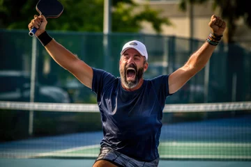 Fotobehang Pickleball player captured in the moment of victory, arms raised in joy © aicandy