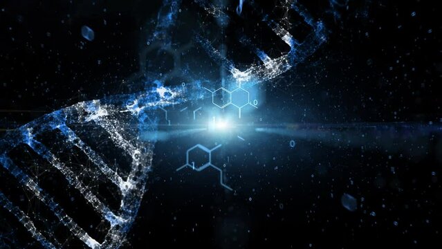 Dna chain and chemical hexagon bonds animation. Concept artistic science background.