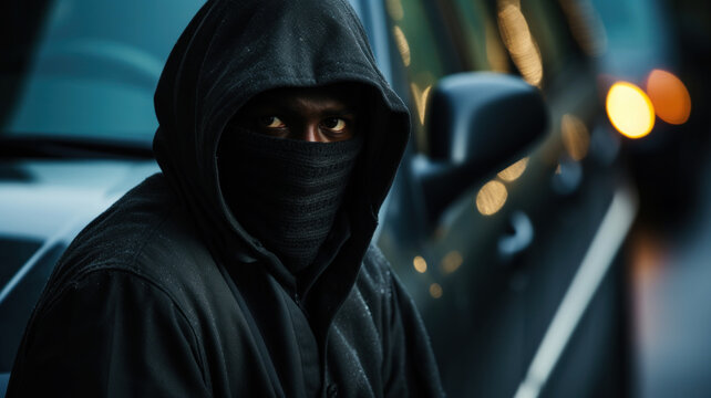 Hooded african man in black hoodie and mask car thief trying to break into. Generative AI.