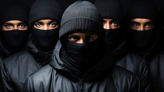 Group of criminal thiefs people in a black balaclava on a dark background. Generative AI.