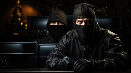 Two looters wearing a balaclava and hoodie is sitting with computer in a dark room. Generative AI.