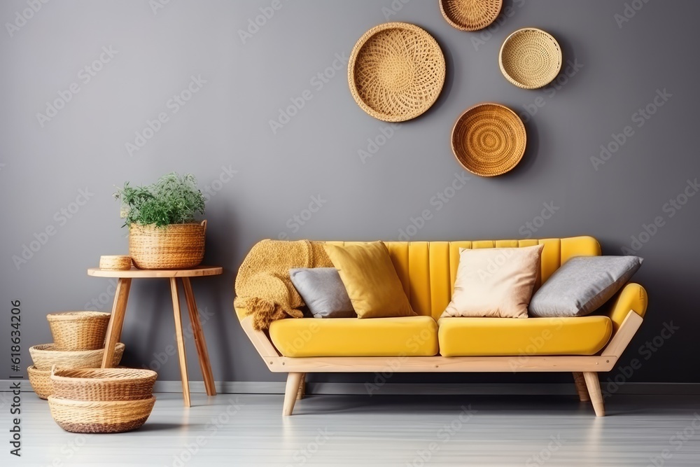 Poster cozy living room with a vibrant yellow couch and decorative baskets on the wall