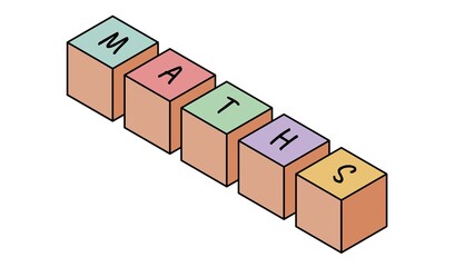 Inscription "MATHS", black letters on a painted pastel wooden squares (cubes) isolated on a white background