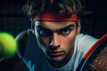 Intense gaze of a focused tennis player, captured just before a crucial serve