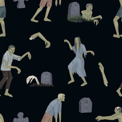 Halloween zombies seamless pattern. Ornament of tombstones, walking dead people, scary monsters, graves. Vector illustration in cartoon style.