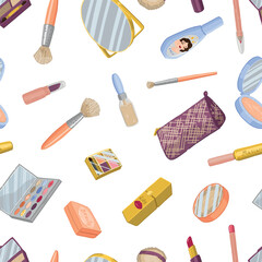 Abstract ornament of makeup kit. Beauty accessories cosmetic seamless pattern. Cartoon style vector illustrations.