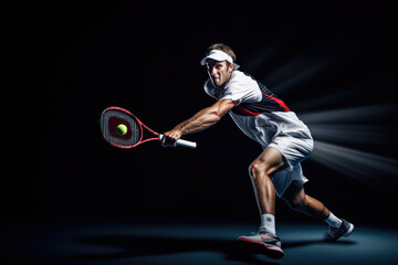 A tennis player's powerful serve frozen in time, demonstrating strength and skill