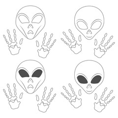 Set of black and white illustration with alien face and hands. Isolated vector object on white background.