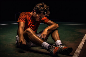 A tennis player exhausted after a long match, symbolizing perseverance and determination - obrazy, fototapety, plakaty
